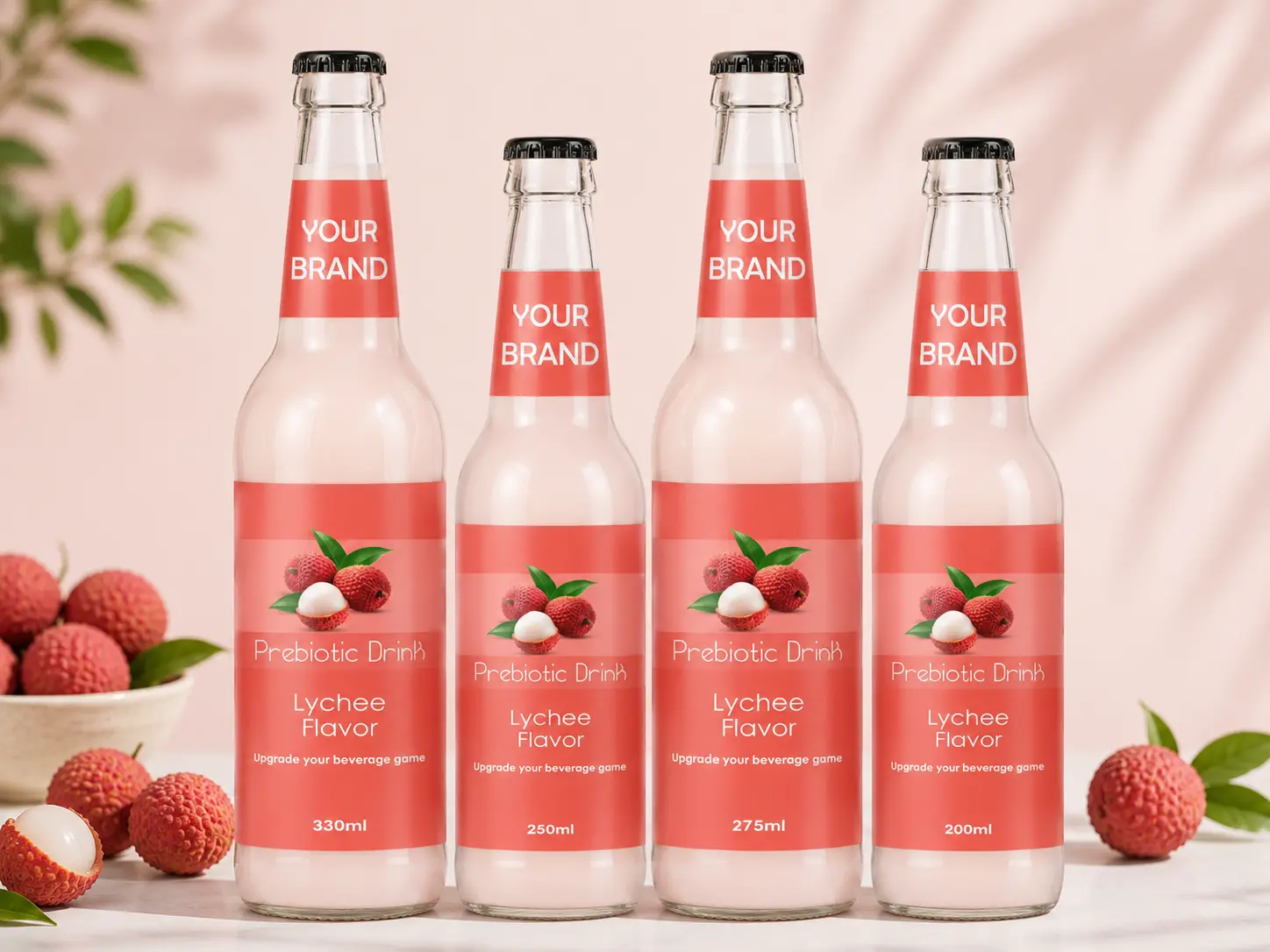 PREBIOTIC DRINK Lychee Flavor 330ml, 250ml, 275ml and 200ml glass bottles.